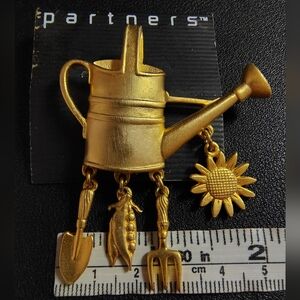 Gold Color Watering Can Brooch with Sunflower and Garden Tools